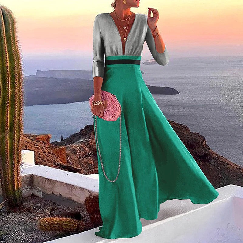 Color Block Long Sleeve Deep V-neck Party Dress