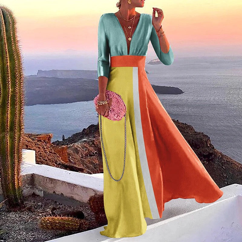 Color Block Long Sleeve Deep V-neck Party Dress